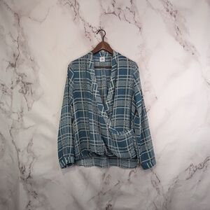 CAbi Blouse Blue Medium 3068 Windowpane Plaid Surplice Faux Wrap Top Long Sleeve